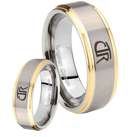Bride and Groom CTR Step Edges Gold 2 Tone Tungsten Men's Engagement Ring Set