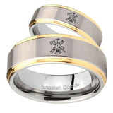 His Hers Fireman Step Edges Gold 2 Tone Tungsten Wedding Engagement Ring Set