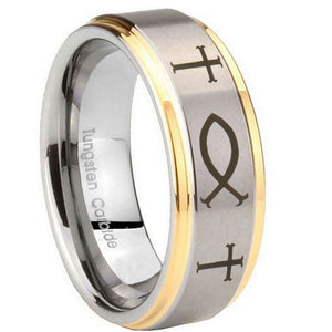 10mm Fish & Cross Step Edges Gold 2 Tone Tungsten Carbide Mens Ring Personalized
