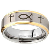 10mm Fish & Cross Step Edges Gold 2 Tone Tungsten Carbide Mens Ring Personalized
