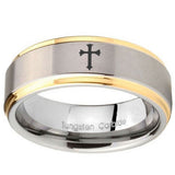 10mm Flat Christian Cross Step Edges Gold 2 Tone Tungsten Mens Wedding Band