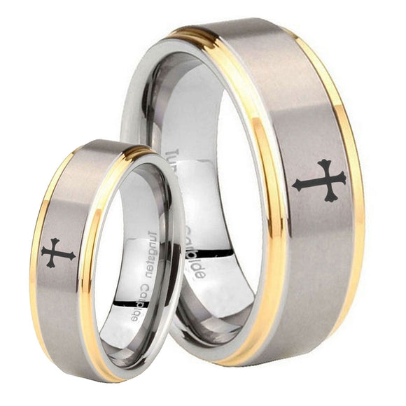 His Hers Flat Christian Cross Step Edges Gold 2 Tone Tungsten Ring Set