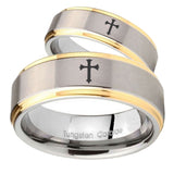 His Hers Flat Christian Cross Step Edges Gold 2 Tone Tungsten Ring Set