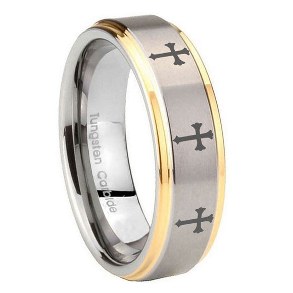 10mm Multiple Christian Cross Step Edges Gold 2 Tone Tungsten Men's Ring