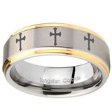 10mm Multiple Christian Cross Step Edges Gold 2 Tone Tungsten Men's Ring