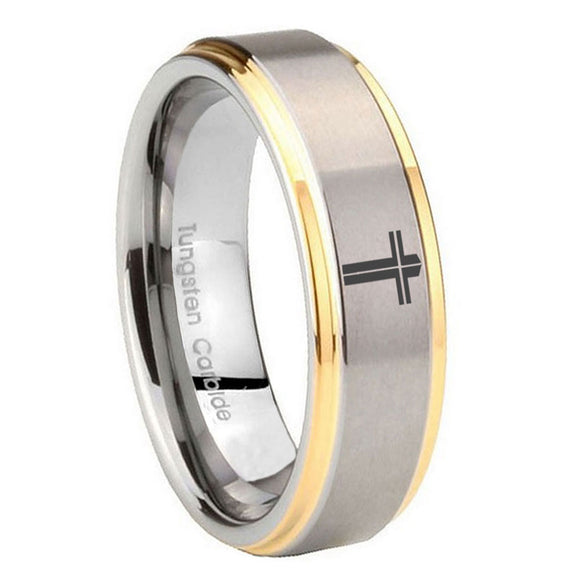 8mm Flat Christian Cross Step Edges Gold 2 Tone Tungsten Mens Ring Personalized