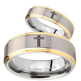 His Hers Flat Christian Cross Step Edges Gold 2 Tone Tungsten Mens Ring Set
