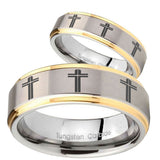 His Hers Multiple Christian Cross Step Edges Gold 2 Tone Tungsten Men's Ring Set
