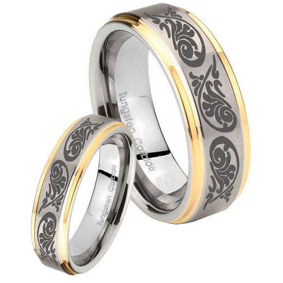 His Hers Etched Tribal Pattern Step Edges Gold 2 Tone Tungsten Ring Set