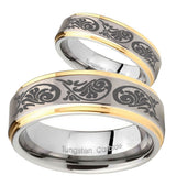 His Hers Etched Tribal Pattern Step Edges Gold 2 Tone Tungsten Ring Set