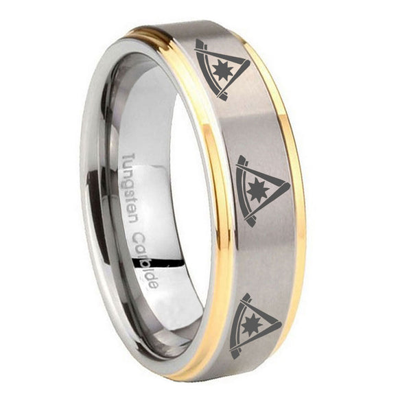 8mm Multiple Pester Master Masonic Step Edges Gold 2 Tone Tungsten Promise Ring