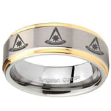 8mm Multiple Pester Master Masonic Step Edges Gold 2 Tone Tungsten Promise Ring