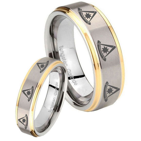 His Hers Multiple Pester Master Masonic Step Edges Gold 2 Tone Tungsten Mens Ring Set