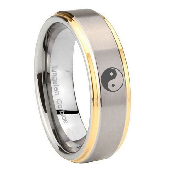 8mm Yin Yang Step Edges Gold 2 Tone Tungsten Carbide Rings for Men