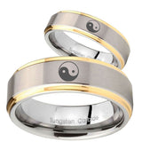 His and Hers Yin Yang Step Edges Gold 2 Tone Tungsten Men's Wedding Ring Set