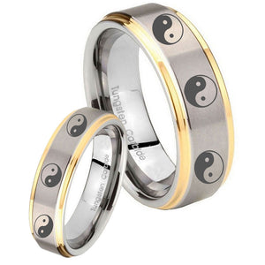 His Hers Multiple Yin Yang Step Edges Gold 2 Tone Tungsten Personalized Ring Set