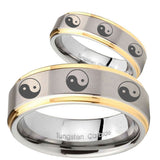 His Hers Multiple Yin Yang Step Edges Gold 2 Tone Tungsten Personalized Ring Set