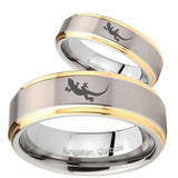 Bride and Groom Lizard Step Edges Gold 2 Tone Tungsten Carbide Promise Ring Set