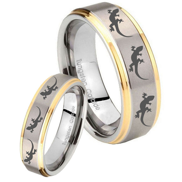 His Hers Multiple Lizard Step Edges Gold 2 Tone Tungsten Rings for Men Set