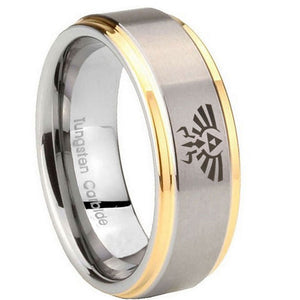 8mm Zelda Skyward Sword Step Edges Gold 2 Tone Tungsten Mens Wedding Ring
