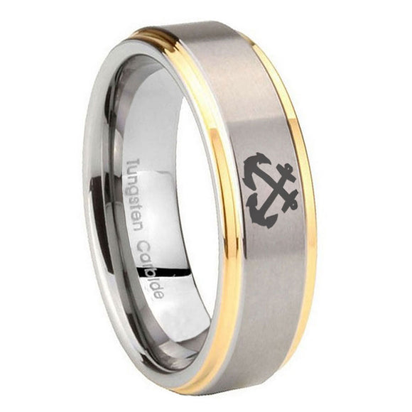 8mm Anchor Step Edges Gold 2 Tone Tungsten Carbide Wedding Engagement Ring