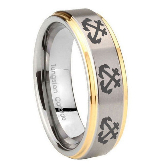 8mm Multiple Anchor Step Edges Gold 2 Tone Tungsten Wedding Engraving Ring