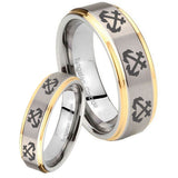His Hers Multiple Anchor Step Edges Gold 2 Tone Tungsten Wedding Band Ring Set