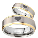 Bride and Groom Heart Step Edges Gold 2 Tone Tungsten Engagement Ring Set