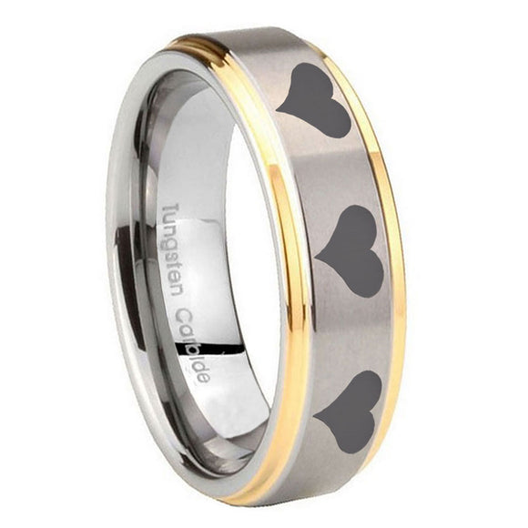 10mm Multiple Heart Step Edges Gold 2 Tone Tungsten Carbide Men's Band Ring
