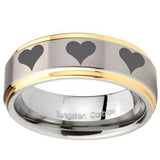 10mm Multiple Heart Step Edges Gold 2 Tone Tungsten Carbide Men's Band Ring
