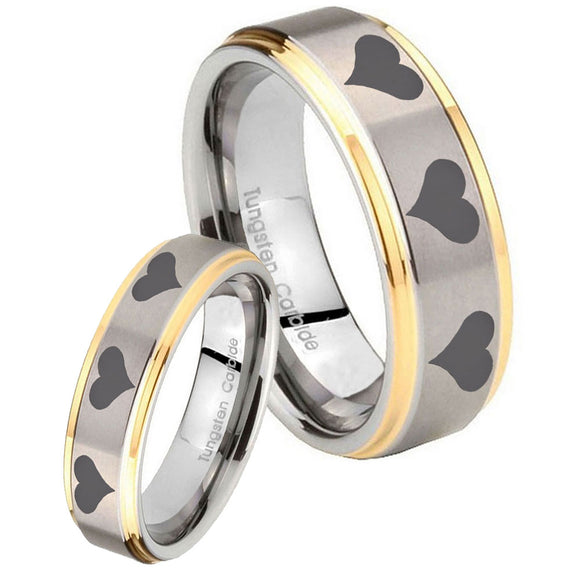 His Hers Multiple Heart Step Edges Gold 2 Tone Tungsten Engraved Ring Set