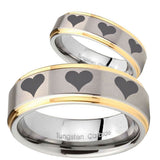 His Hers Multiple Heart Step Edges Gold 2 Tone Tungsten Engraved Ring Set