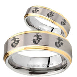 His Hers Multiple Marine Step Edges Gold 2 Tone Tungsten Wedding Bands Ring Set