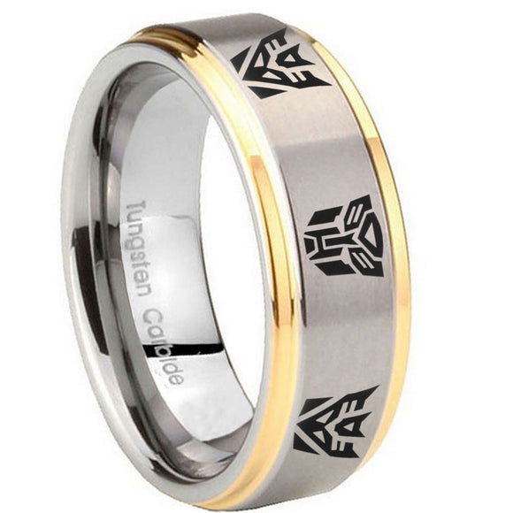 10mm Transformers Autobot Decepticon Step Edges Gold 2 Tone Tungsten Mens Bands Ring