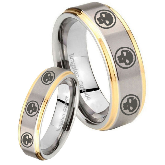 His Hers Multiple Skull Step Edges Gold 2 Tone Tungsten Engraving Ring Set