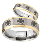 His Hers Multiple Skull Step Edges Gold 2 Tone Tungsten Engraving Ring Set