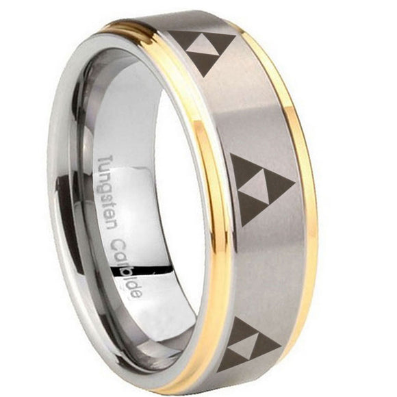 8mm Multiple Zelda Triforce Step Edges Gold 2 Tone Tungsten Promise Ring