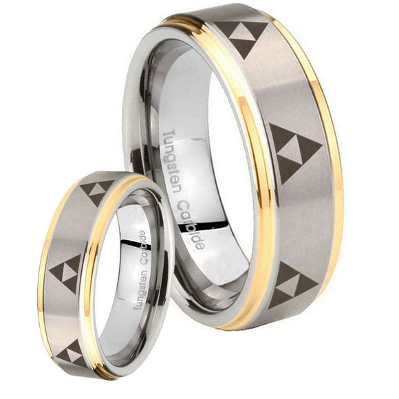 His Hers Multiple Zelda Triforce Step Edges Gold 2 Tone Tungsten Mens Ring Set