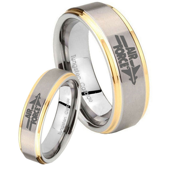 His Hers Step Edge Air Force 14K Gold 2 Tone Tungsten Wedding Rings Set