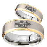 His Hers Step Edge Air Force 14K Gold 2 Tone Tungsten Wedding Rings Set