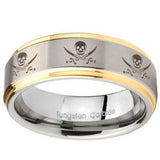 10mm Multiple Skull Pirate Step Edges Gold 2 Tone Tungsten Carbide Promise Ring