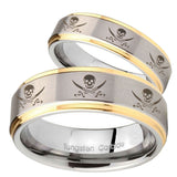 His Hers Multiple Skull Pirate Step Edges Gold 2 Tone Tungsten Men Ring Set