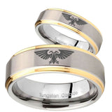 Bride and Groom Aquila Step Edges Gold 2 Tone Tungsten Mens Promise Ring Set