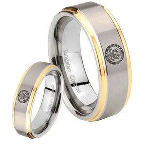 His Hers U.S. Army Step Edges Gold 2 Tone Tungsten Engraving Ring Set