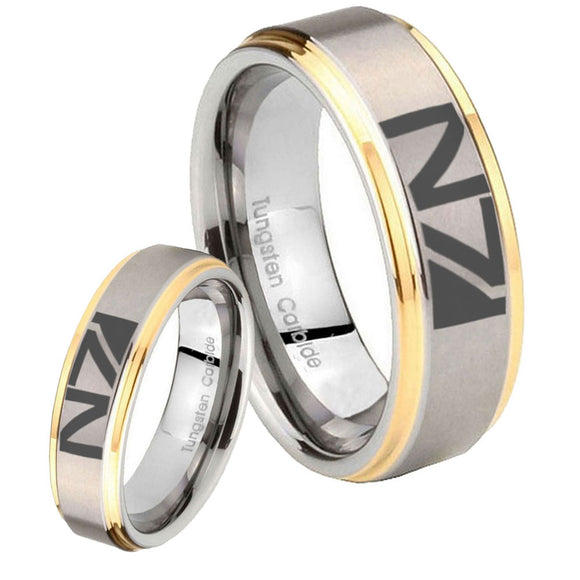His Hers N7 Design Step Edges Gold 2 Tone Tungsten Engraving Ring Set