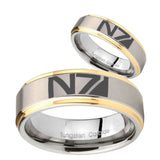 His Hers N7 Design Step Edges Gold 2 Tone Tungsten Engraving Ring Set