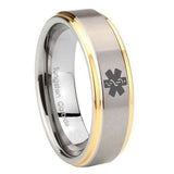 8mm Medical Alert Step Edges Gold 2 Tone Tungsten Wedding Engagement Ring