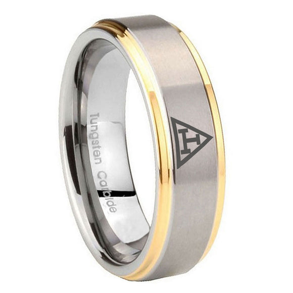8mm Masonic Triple Step Edges Gold 2 Tone Tungsten Carbide Bands Ring