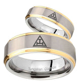 His Hers Masonic Triple Step Edges Gold 2 Tone Tungsten Mens Ring Engraved Set