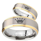 Bride and Groom Crown Step Edges Gold 2 Tone Tungsten Men's Wedding Band Set